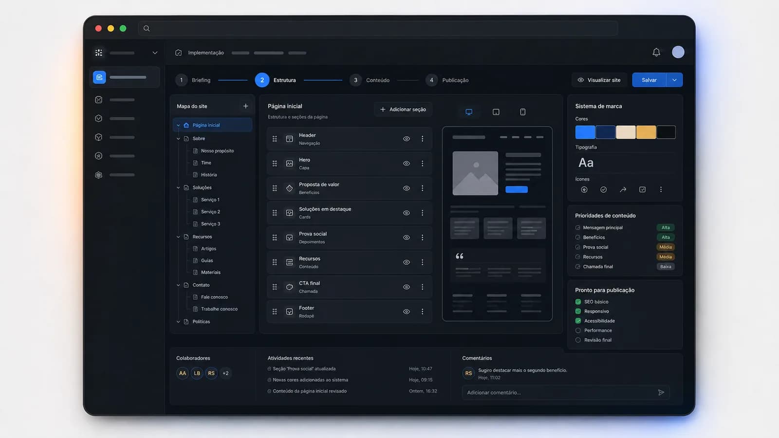 Interface Zenisys organizando a estrutura e a publicação de um site