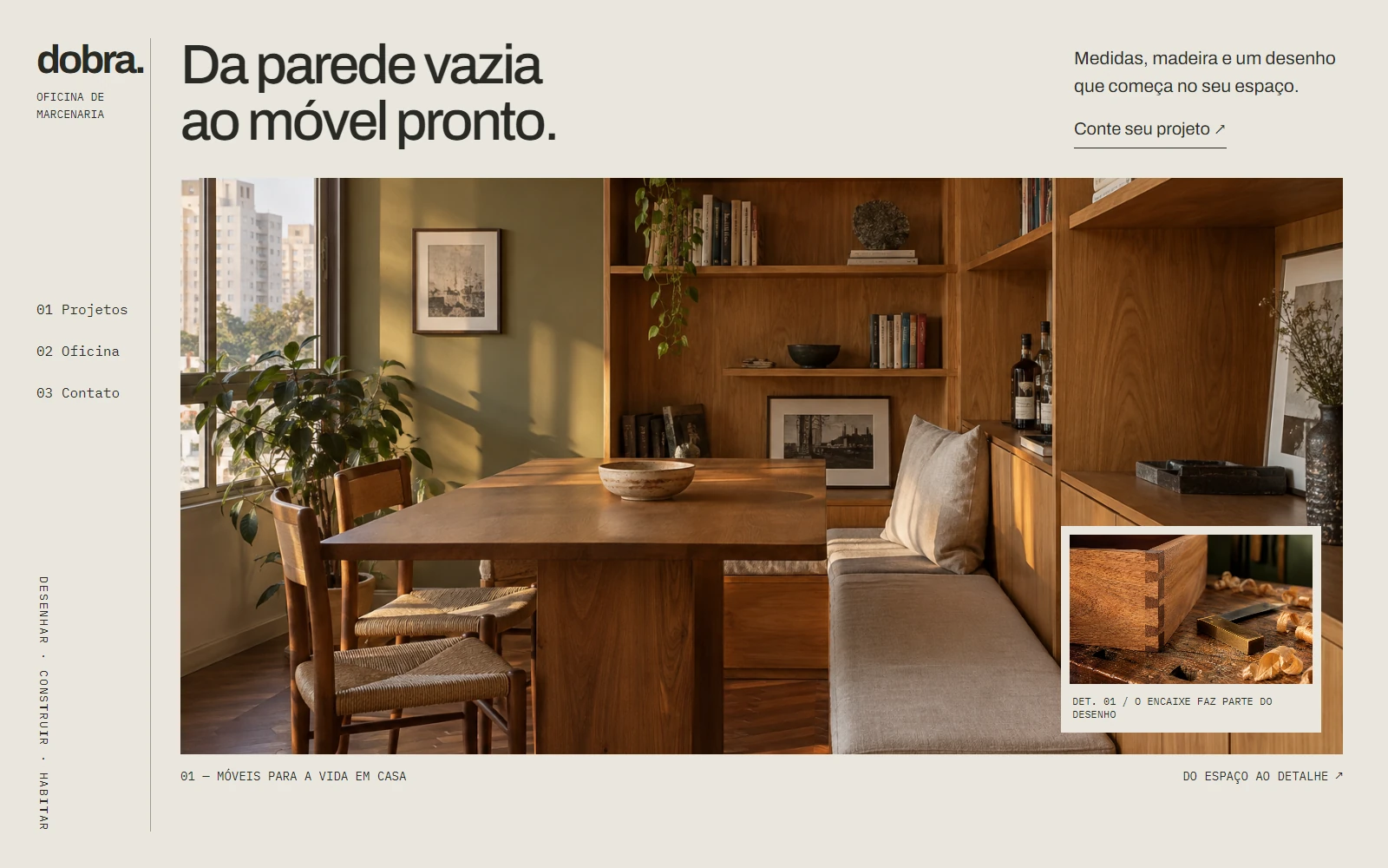 Site conceitual Dobra Oficina, com marcenaria em madeira, apresentação de serviços e processo de criação.