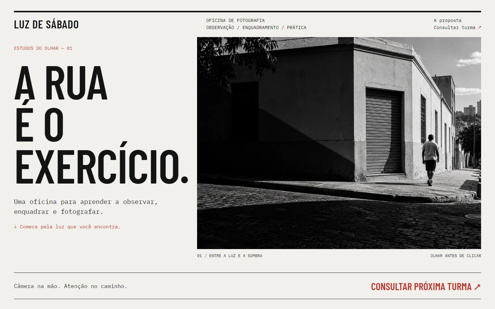 Página conceitual Luz de Sábado, oficina de fotografia com imagens de rua e programa de atividades.