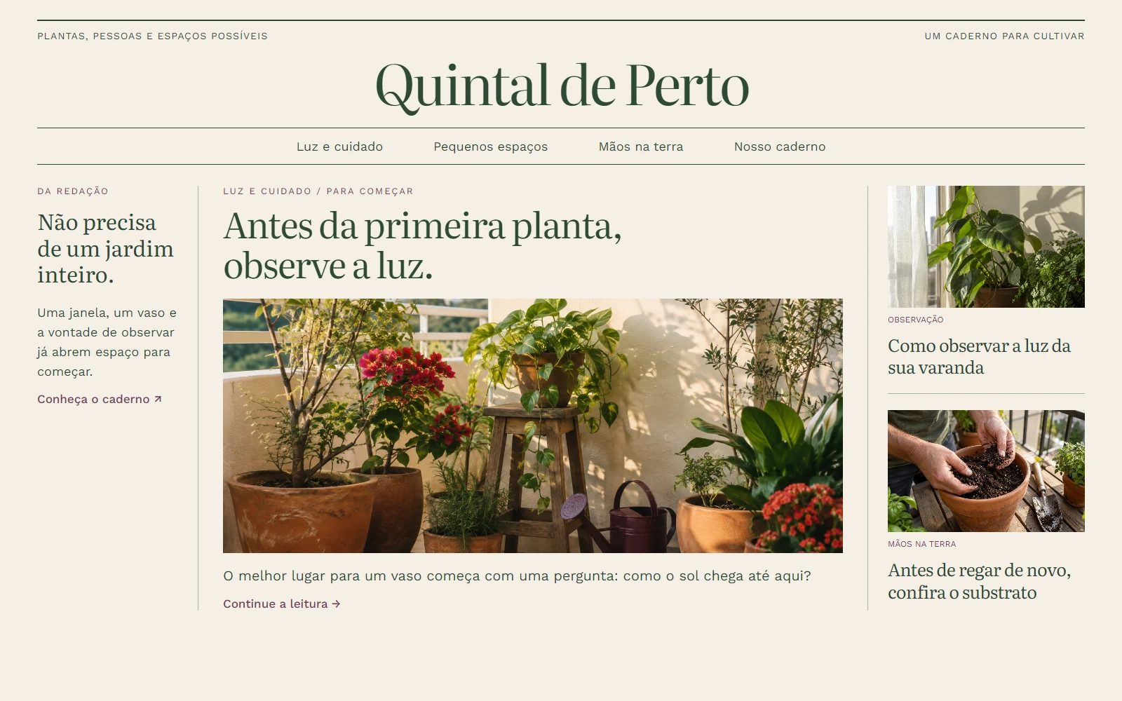 Site editorial conceitual Quintal de Perto, com varanda, plantas e artigos de jardinagem.